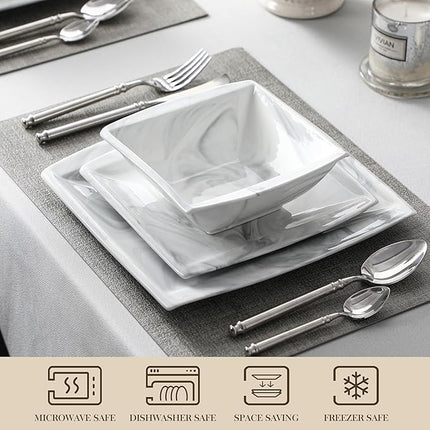 MALACASA Plates and Bowls Sets, 12-Piece Porcelain Dinnerware Sets for 4, Square Plates and Bowls for Dessert, Salad and Soup, Ceramic Dishes Dining Dishware Set, Marble Grey, Series Blance