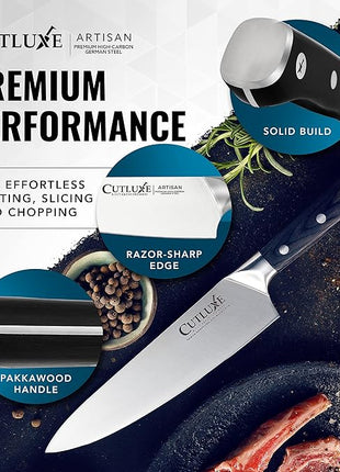 Cutluxe Chef Knife – 8" Kitchen Knife, German High Carbon Steel, Full Tang, Ergonomic Handle Design, Sheath Included – Artisan Series