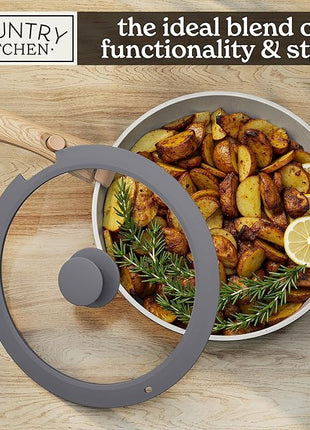 Country Kitchen Cookware Set with Removable Handle, Oven & RV Safe Pots and Pans Set, Grey/Ivory Wood Handle, Original