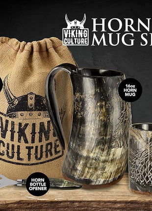 Viking Culture Ox Horn Mug, Shot Glass, and Bottle Opener (3 Pc. Set) Authentic 16-oz. Ale, Mead, and Beer Tankard | Vintage Stein with Handle - Natural Finish | Without Design