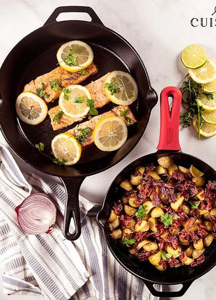 Cuisinel Cast Iron Skillets Set - 10" + 12"-Inch Pre-Seasoned Frying Pans + Removable Silicone Handle Holder Grips + Pan Scraper - Oven-Safe Cookware Kit + Accessories + Handle Helper