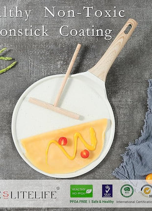 ESLITE LIFE 11 Inch Crepe Pan with Spreader, Nonstick Ceramic Flat Skillet Dosa Tawa Comales Para Tortillas Pancake Pan, PTFE & PFOA Free, White