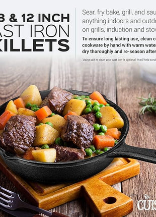 Pre-Seasoned Cast Iron Skillet Set (8-Inch and 12-Inch) Oven Safe Cookware - Heat-Resistant Holders - Indoor and Outdoor Use - Grill, Stovetop, Induction Safe