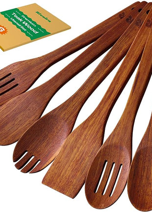 Riveira Teak Wooden Cooking Utensils Set of 6 Premium Quality Non-Toxic Wooden Spoons & Spatula for Cooking, Stirring & Serving