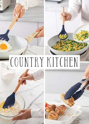 Country Kitchen Non Stick Silicone Utensil Set with Rounded Wood Handles for Cooking and Baking, 38 Piece Set, Navy