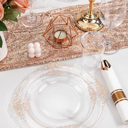 Nervure 350PCS Rose Gold Plastic Plates - Rose Gold Plastic Dinnerware Sets for 50 Guests - 100 Disposable Plates, 150 Silverware, 50 Cups, 50 Napkins Perfect for Wedding & Party