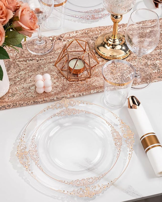 Nervure 350PCS Rose Gold Plastic Plates - Rose Gold Plastic Dinnerware Sets for 50 Guests - 100 Disposable Plates, 150 Silverware, 50 Cups, 50 Napkins Perfect for Wedding & Party