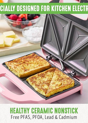 GreenLife Pro Electric Panini Press Grill and Sandwich Maker, Healthy Ceramic Nonstick Plates,Easy Indicator Light, PFAS-Free, Pink