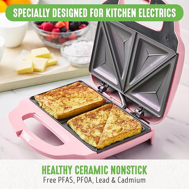 GreenLife Pro Electric Panini Press Grill and Sandwich Maker, Healthy Ceramic Nonstick Plates,Easy Indicator Light, PFAS-Free, Pink