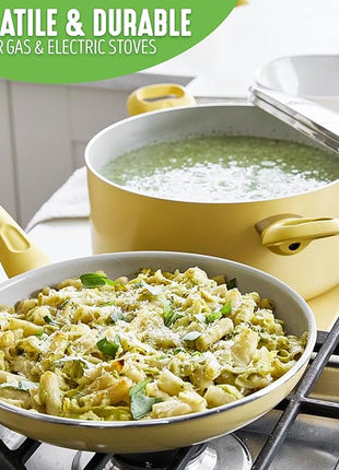 GreenLife Soft Grip Healthy Ceramic Nonstick 15 Piece Kitchen Cookware Pots and Frying Sauce Saute Pans Set, PFAS-Free with Kitchen Utensils and Lid, Dishwasher Safe, Yellow