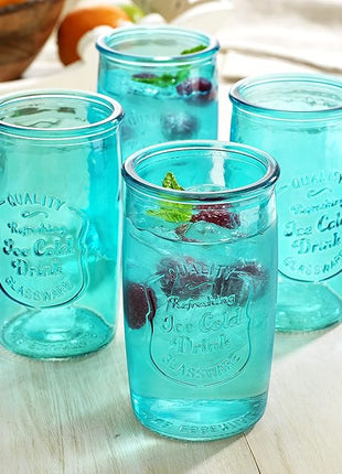 Glaver's Highball Glasses Set of 4 – 20oz Artistic Ice-Cold Pretty Blue – Vintage Glassware with Embossed Logo – Beverage Drinking Glasses for Water, Juice, Cocktails. Hand Wash.