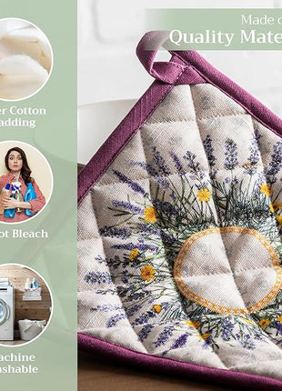 Maison d' Hermine Pot Holders Set 100% Cotton Heat Resistant Potholders 8" x 8" Hot Pads with Loop BBQ, Cooking, Baking, Grilling, Kitchen, Handling Hot Pans Spring/Summer (Pack of 2, Fanny Lavender)