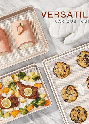 HONGBAKE 3 Pack Gold Nonstick Baking Sheet Pan Set with Oven Mitts Heat Resistant, Non-Toxic Half/Quarter/Jelly Roll Pans with Diamond Texture Pattern, Heavy Duty 0.8mm Thick Cookie Trays for Cooking