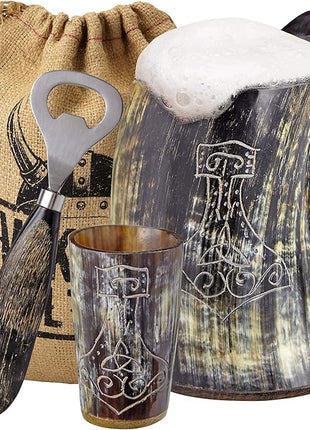 Viking Culture Ox Horn Mug, Shot Glass, and Bottle Opener (3 Pc. Set) Authentic 16-oz. Ale, Mead, and Beer Tankard | Vintage Stein with Handle | Custom Intricate Design - Natural Finish | Thors Hammer