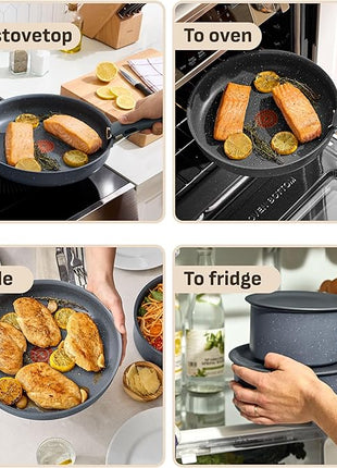 T-fal Ingenio Essentials Cookware Set with Detachable/Removable Handle 11 Piece, Granite Titanium Non Stick, Induction, Oven Broiler Safe 500F, Stackable, Pots and Pans Set, RV Camping, Fry Pans Gray