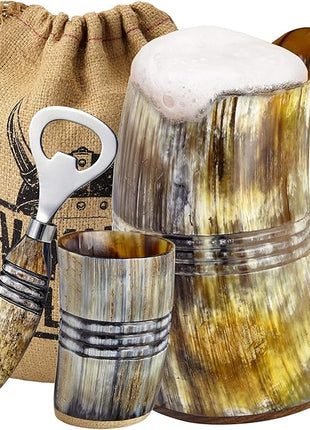 Viking Culture Ox Horn Mug, Shot Glass, and Bottle Opener (3 Pc. Set) Authentic 16-oz. Ale, Mead, and Beer Tankard | Vintage Stein with Handle | Custom Intricate Design - Natural Finish | The Ring