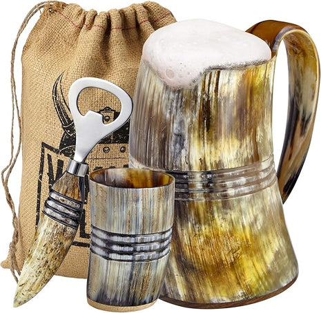 Viking Culture Ox Horn Mug, Shot Glass, and Bottle Opener (3 Pc. Set) Authentic 16-oz. Ale, Mead, and Beer Tankard | Vintage Stein with Handle | Custom Intricate Design - Natural Finish | The Ring