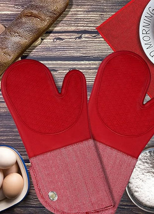 Professional Microwave Silicone Oven Mitts one Pair, Kitchen Mitten Set for Heat Resistant with 500 Degrees, Kitchen Gloves Pot Holder for BBQ Cooking Baking (Red)