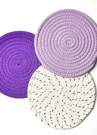 Pot Holders Set Trivets Set 100% Pure Cotton Thread Weave Hot Pot Holders Set (Set of 3) Stylish Coasters, Hot Pads, Hot Mats, Spoon Rest For Cooking and Baking by Diameter 7 Inches (Purple)
