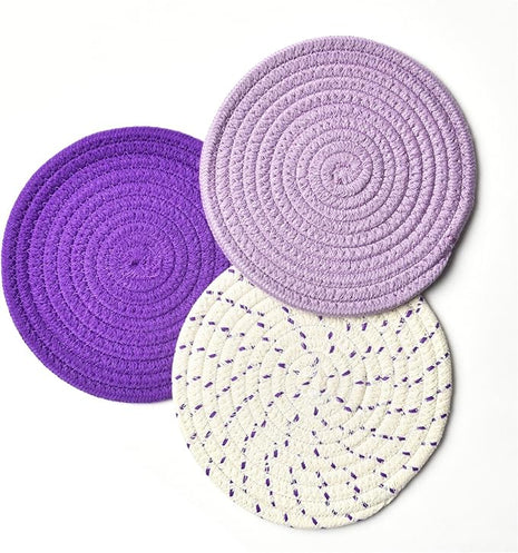 Pot Holders Set Trivets Set 100% Pure Cotton Thread Weave Hot Pot Holders Set (Set of 3) Stylish Coasters, Hot Pads, Hot Mats, Spoon Rest For Cooking and Baking by Diameter 7 Inches (Purple)