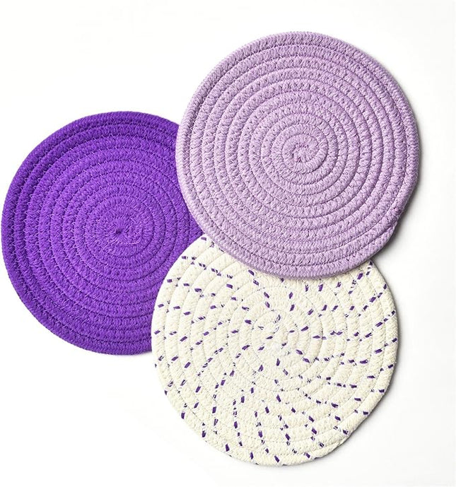 Pot Holders Set Trivets Set 100% Pure Cotton Thread Weave Hot Pot Holders Set (Set of 3) Stylish Coasters, Hot Pads, Hot Mats, Spoon Rest For Cooking and Baking by Diameter 7 Inches (Purple)