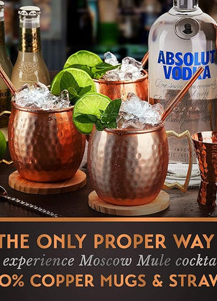 Moscow Mule Mugs - 100% Pure Copper for Drinking Beverages with Moscow Mule Cups Set of 4-16 oz Mugs, 4 Straws, 4 Coasters, Stirring Spoon, Shot Glass, Brush & Pure Copper Cup Gifts for Him