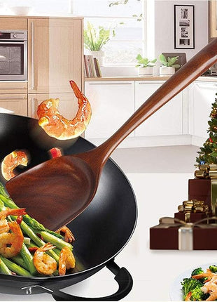 FJNATINH Wooden Wok Spatula Ladle Tool Set, 14-inch Long Handle Teak Wok Spatula