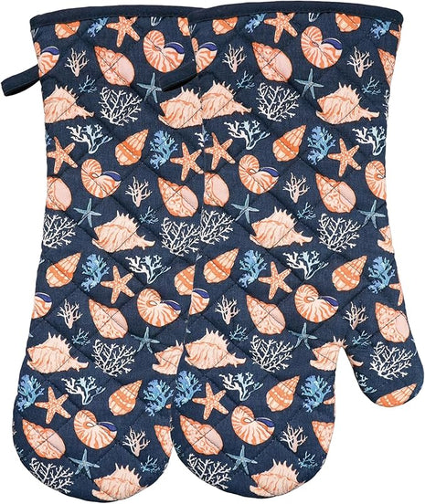Oven Mitts Cotton Fashion Cute Cowry Design 1pair Heat Resistant Oven Gloves Safe Cooking Baking Grilling Barbecue Machine Washable Pot Holders (Cowry)