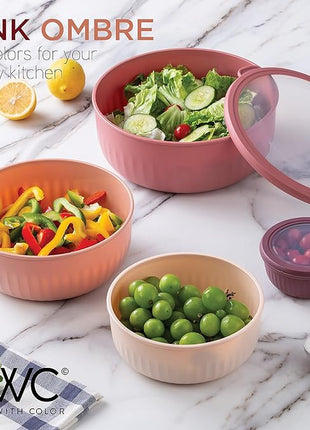 COOK WITH COLOR Prep Bowls with Lids- Wide and Deep Nesting Plastic Small Mixing Bowl Set with Lids, 12 Piece Set - Wide Bowls, Rose