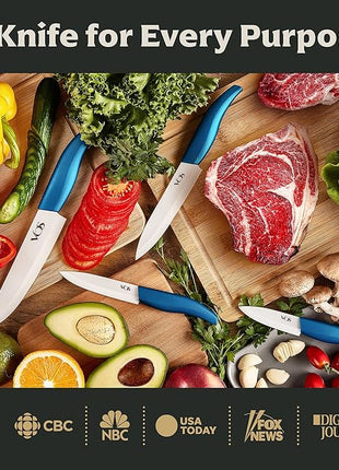 Vos Ceramic Knife Set with Block, Ceramic Knives Set For Kitchen, Ultra Sharp Kitchen Knife Set with Covers, 3" 4" 5" 6" Chef Knife, Utility, Paring & Versatile, Lightweight, Dishwasher safe (Blue)