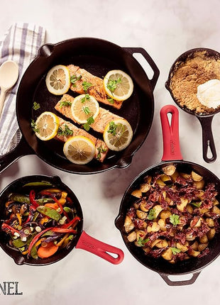 Cuisinel Cast Iron Skillets Set - 4-Piece Chef Pans Kit - 6" + 8" + 10" + 12"-Inch + 4 Silicone Grip Handle Holders - Pre-Seasoned Oven Cookware - Use Indoor/Outdoor, Grill, Stovetop, BBQ, Firepit