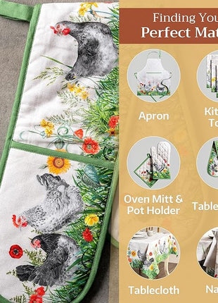 Maison d' Hermine Double Oven Mitts 100% Cotton 7"x35" Double Oven Mitt Heat Resistant BBQ Cooking Gloves with Loop, Baking, Grilling, Home, Kitchen, Handling Hot Pans Spring Summer (Basse Cour)