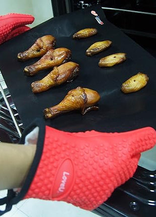 Kitchen Oven Gloves - Dual-Layer Heat Resistant Grilling Gloves, Silicone Oven Mitts with 5 Fingers, Waterproof Non-Slip Pot Holder for Barbecue, Cooking, Baking (Red)