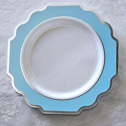 " OCCASIONS " 120 Plates Pack,(60 Guests) Heavyweight Premium Wedding Party Disposable Plastic Plates -60 x10.5'' Dinner + 60 x 8'' Salad/Dessert (Imperial Aqua & Silver)