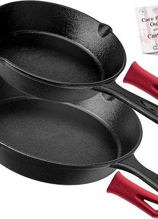Pre-Seasoned Cast Iron Skillet Set (8-Inch and 12-Inch) Oven Safe Cookware - Heat-Resistant Holders - Indoor and Outdoor Use - Grill, Stovetop, Induction Safe