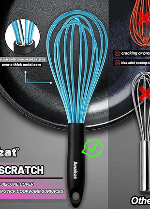 Anaeat Silicone Kitchen Whisk Set of 4, Perfect for Non-Stick Cookware, Milk and Egg Beater Blender for Whisking, Cooking, Baking, Beating - 11'' Flat Whisk and 8.5''+10.5''+12'' Balloon Whisks (Blue)