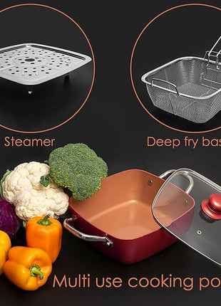 Moss & Stone 5 Pcs Red Copper Chef Cookware Non Stick Deep Frying Pan, Fry Basket, Steamer Rack, Dishwasher & Oven Safe, 5 Qt Deep Square Pan, Induction Copper Cookware Set - 9.5" x 3.5"
