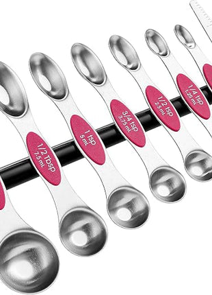 Spring Chef Magnetic Measuring Spoons Set, Dual Sided, Stainless Steel, Fits in Spice Jars, Pink, Set of 8, 2 Pack