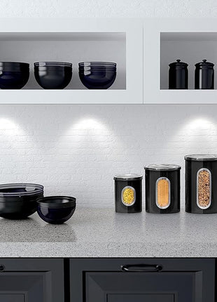Mixpresso 3-Piece Black Canisters Sets For The Kitchen, Airtight Canister Set With See Through Window, Storage Jars for Coffee Container, Tea Organizer & Sugar Canister, Black Kitchen Canisters