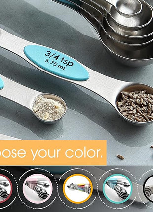 Spring Chef Stainless Steel Magnetic Measuring Spoons Set of 8 with Leveler, Nesting Metal Teaspoon & Tablespoon Measuring Spoons, Fits in Spice Jars, Kitchen Gadgets for Baking & Cooking - Aqua Sky