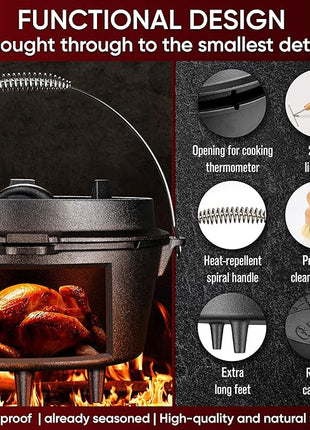 Pre-Seasoned Dutch Oven Set - 9 Quart Cast Iron Dutch Oven Pot with Lid, Fire Pot with Feet for Bread Baking & Cooking - Includes 2-in-1 Lid Lifter, Brush & Recipe Book [for 4-7 People]