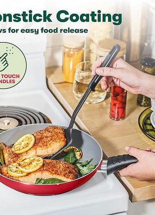 BELLA Cookware Set with Glass Lids - Nonstick, PFOA Free and Scratch Resistant Surface, Aluminum Bakeware, Pots and Pans, Storage Bowls & Utensils, Compatible with All Stovetops, 21 Piece, Red