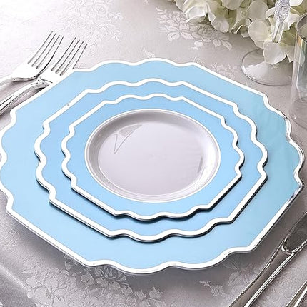 " OCCASIONS " 120 Plates Pack,(60 Guests) Heavyweight Premium Wedding Party Disposable Plastic Plates -60 x10.5'' Dinner + 60 x 8'' Salad/Dessert (Imperial Aqua & Silver)