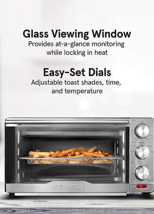 Gourmia GTF7350 6-in-1 Multi-function, Stainless Steel Air Fryer Oven - 6 Cooking Functions - Fry Basket, Oven Rack, Baking Pan & Crumb Tray, Included + Recipe Book
