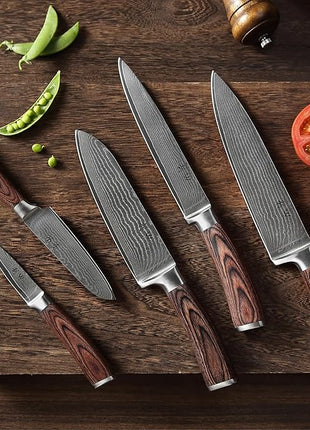 Wakoli EDIB 5-Piece Damascus Knife Set – Professional Chef Knives Set with VG10 Core Blades, 67-Layer Damascus Steel and Ergonomic Pakkawood Handles – Premium Kitchen Knives in Wooden Gift Box