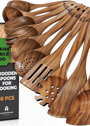 Wooden Spoons for Cooking – 10 Pc Teak Wood Utensil Set, Durable, Nonstick Safe & Heat Resistant with Ergonomic Handles - Unique Kitchen Gifts for Women Men, Cooking Gifts for Men Women