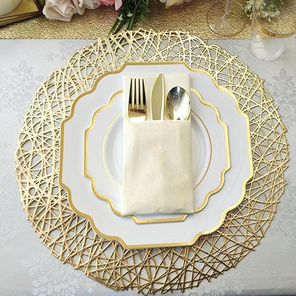 " OCCASIONS " 50 Plates Pack (25 Guests)-Heavyweight Wedding Party Disposable Plastic Plate Set -(25x10.5'' Dinner + 25x8'' Salad/Dessert) (Imperial White & Gold)