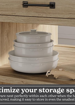 Country Kitchen Cookware Set with Removable Handle, Oven & RV Safe Pots and Pans Set, Cream Gold Speckle Wood Handle, Original