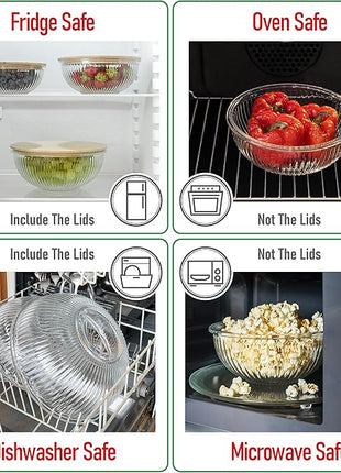 Stackable Space-Saving Nesting Set of 3 Glass Bowls with Bamboo Lids for Foodprep, Storage, Mixing & Cooking - Microwave & Oven Safe BPA Free Durable Heat Resistant Inert Borosilicate Glass