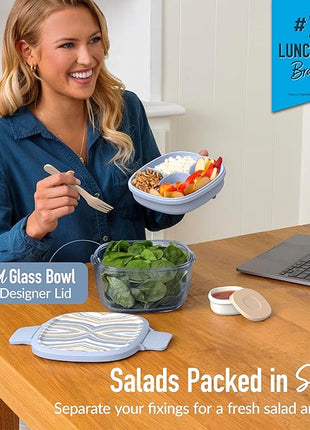Bentgo Glass Prints All-in-One Salad Container - 61oz Tinted Glass Salad Bowl with Lid, Bento-Style Tray, Sauce Container, & Reusable Fork - Dishwasher & Microwave Safe (Wildly Chic - Soft Blue)